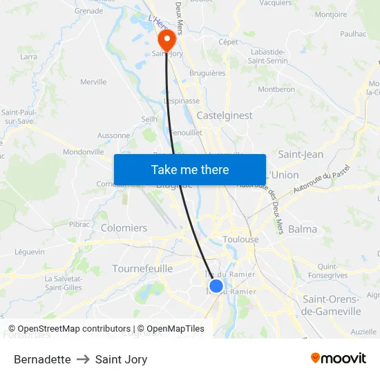 Bernadette to Saint Jory map