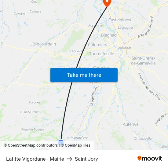 Lafitte-Vigordane - Mairie to Saint Jory map