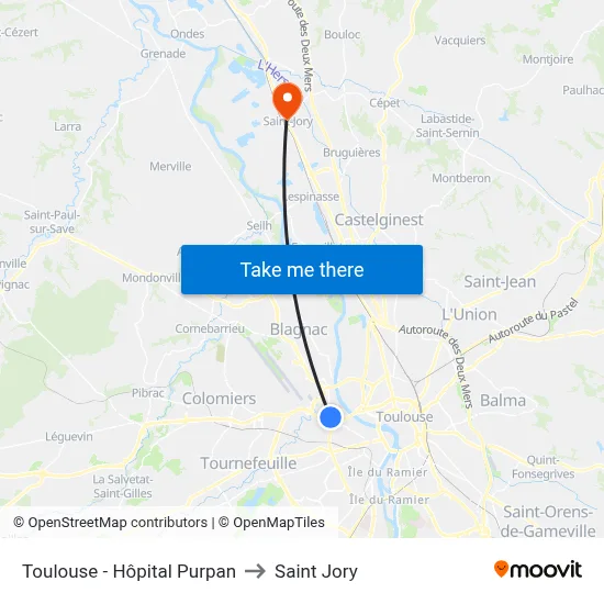 Toulouse - Hôpital Purpan to Saint Jory map