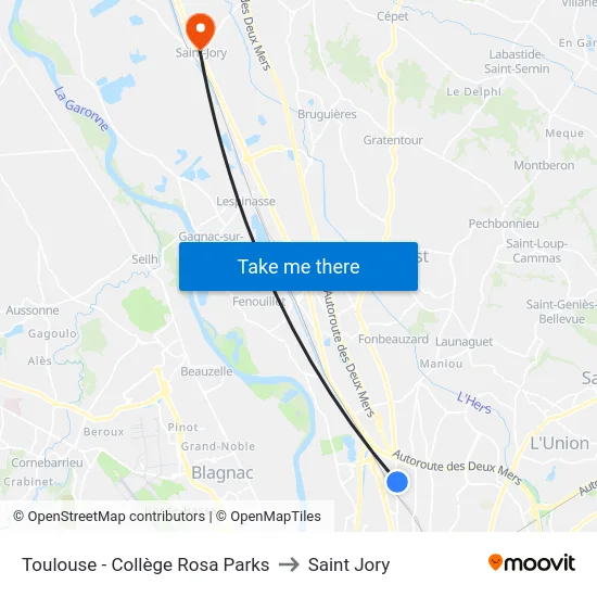 Toulouse - Collège Rosa Parks to Saint Jory map