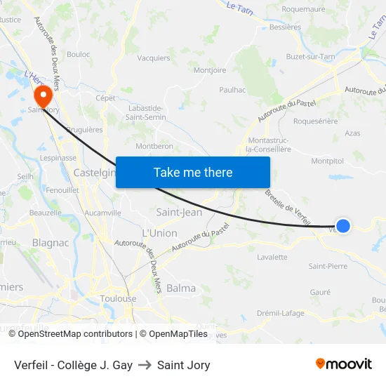 Verfeil - Collège J. Gay to Saint Jory map