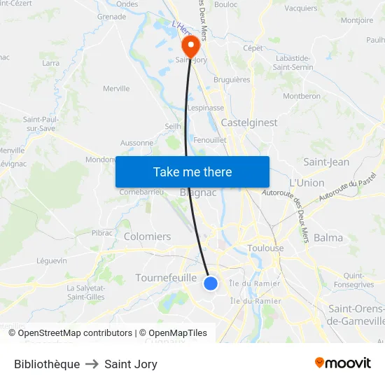 Bibliothèque to Saint Jory map