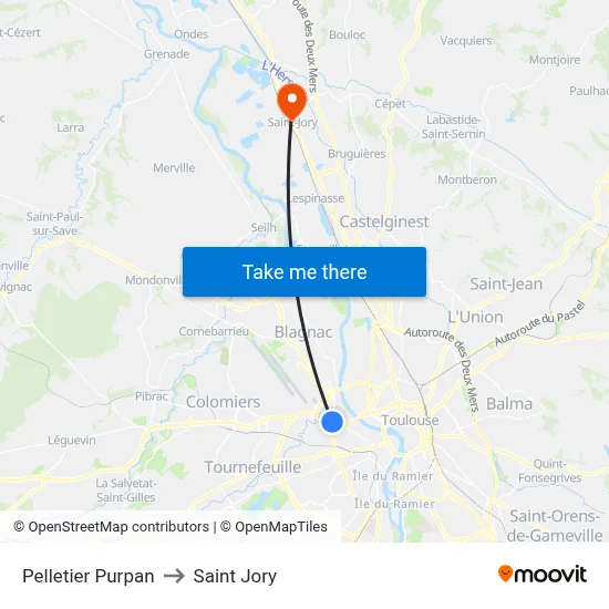 Pelletier Purpan to Saint Jory map