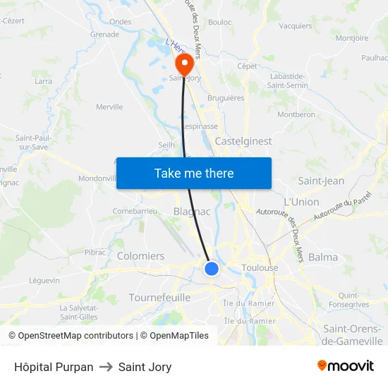 Hôpital Purpan to Saint Jory map