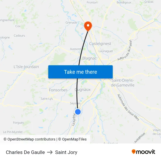 Charles De Gaulle to Saint Jory map