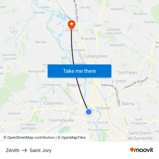 Zénith to Saint Jory map