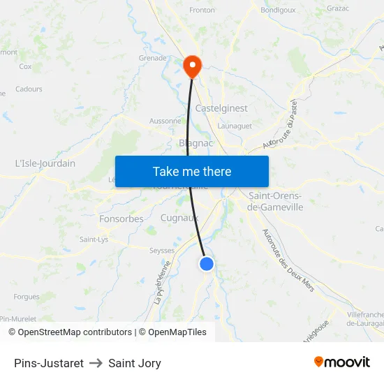 Pins-Justaret to Saint Jory map