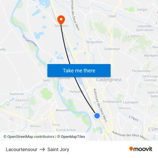 Lacourtensour to Saint Jory map