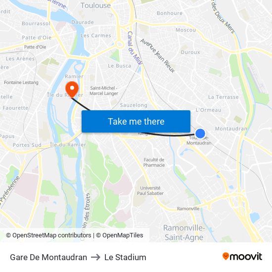 Gare De Montaudran to Le Stadium map