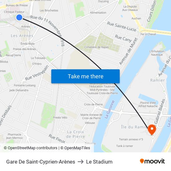 Gare De Saint-Cyprien-Arènes to Le Stadium map