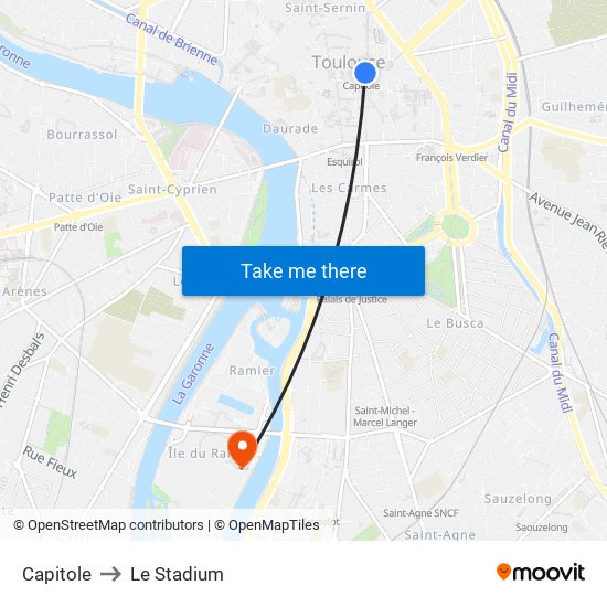 Capitole to Le Stadium map