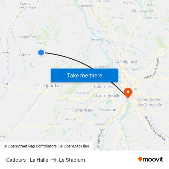 Cadours - La Halle to Le Stadium map