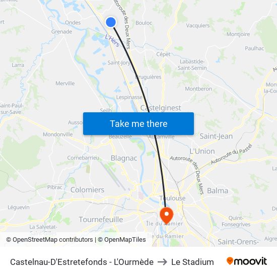 Castelnau-D'Estretefonds - L'Ourmède to Le Stadium map