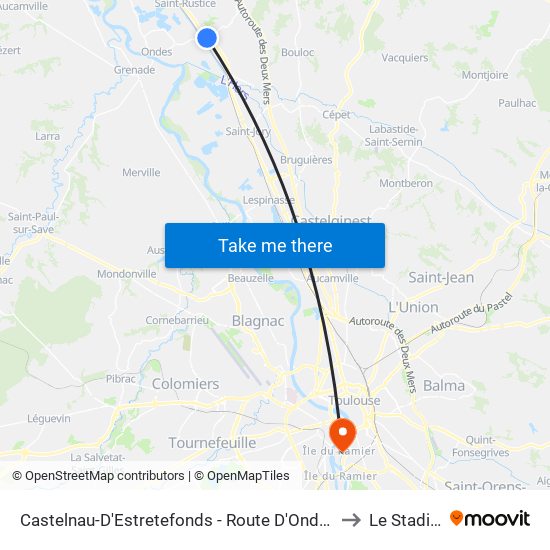 Castelnau-D'Estretefonds - Route D'Ondes - Gare to Le Stadium map