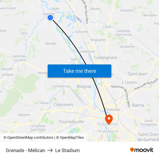 Grenade - Mélican to Le Stadium map