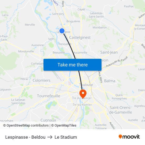 Lespinasse - Beldou to Le Stadium map