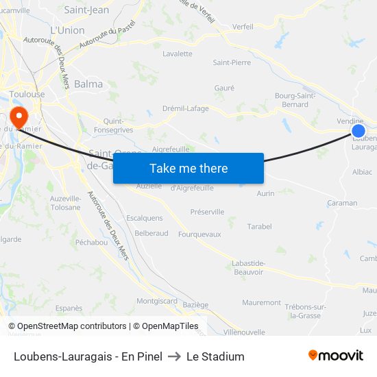 Loubens-Lauragais - En Pinel to Le Stadium map