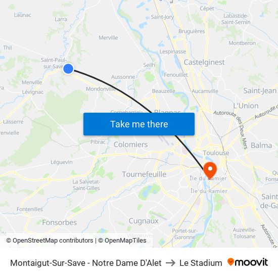 Montaigut-Sur-Save - Notre Dame D'Alet to Le Stadium map