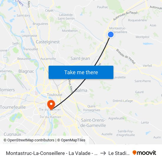 Montastruc-La-Conseillere - La Valade - Château to Le Stadium map