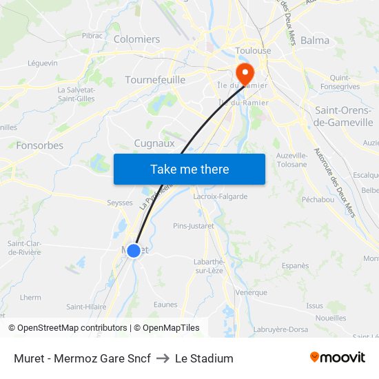 Muret - Mermoz Gare Sncf to Le Stadium map