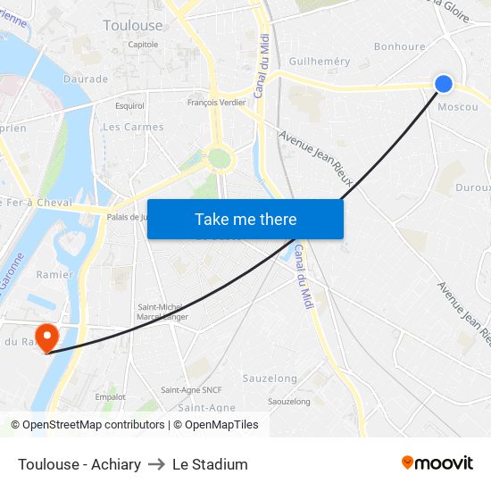 Toulouse - Achiary to Le Stadium map