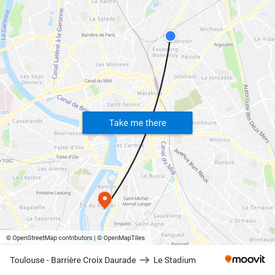 Toulouse - Barrière Croix Daurade to Le Stadium map