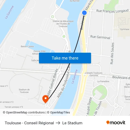 Toulouse - Conseil Régional to Le Stadium map