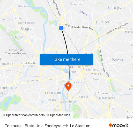 Toulouse - Etats-Unis Fondeyre to Le Stadium map