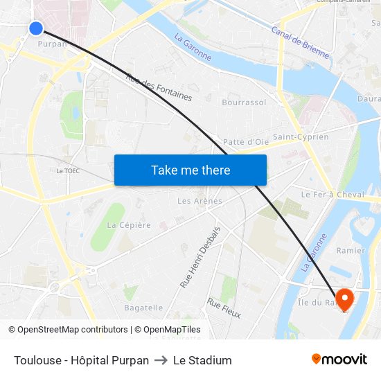Toulouse - Hôpital Purpan to Le Stadium map