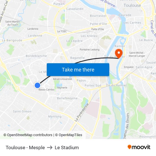 Toulouse - Mesple to Le Stadium map