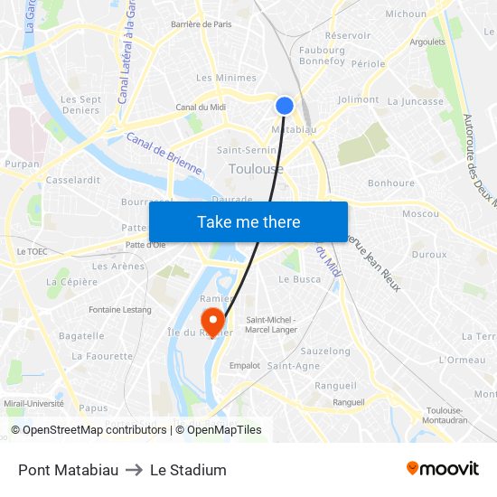 Pont Matabiau to Le Stadium map