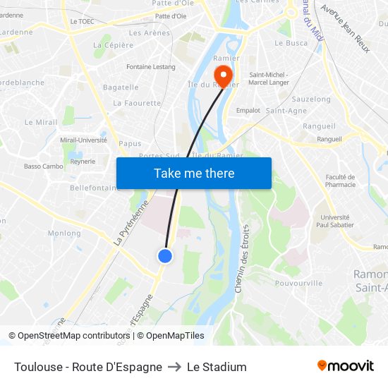 Toulouse - Route D'Espagne to Le Stadium map