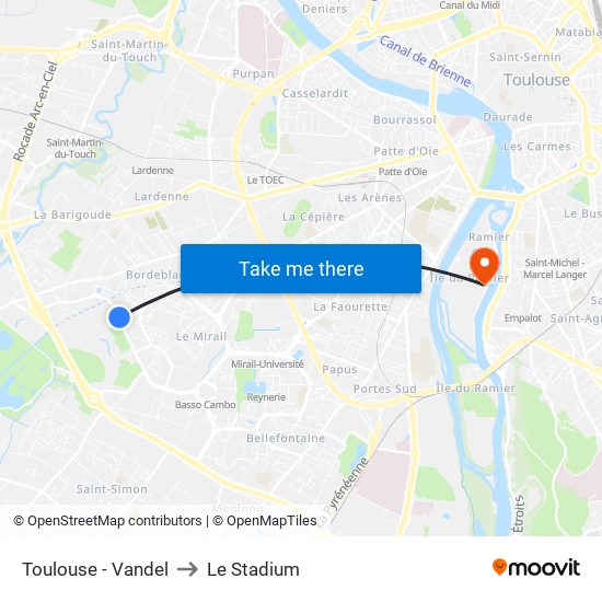 Toulouse - Vandel to Le Stadium map