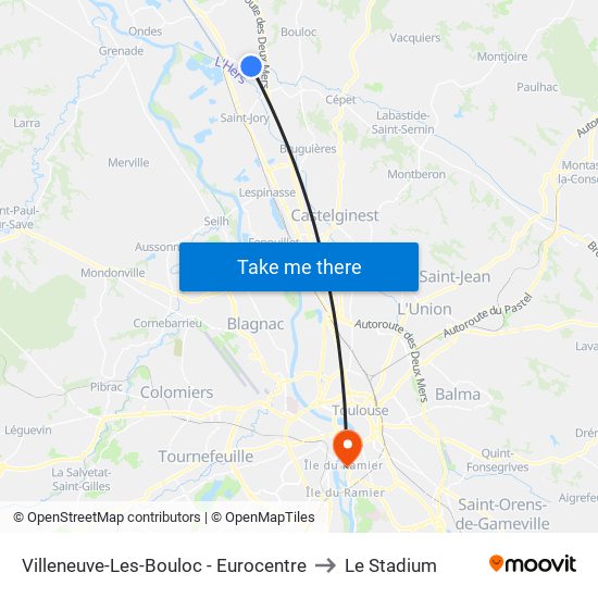 Villeneuve-Les-Bouloc - Eurocentre to Le Stadium map