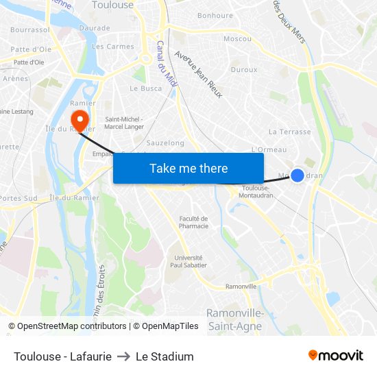 Toulouse - Lafaurie to Le Stadium map