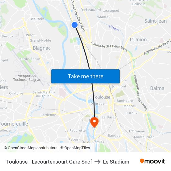 Toulouse - Lacourtensourt Gare Sncf to Le Stadium map
