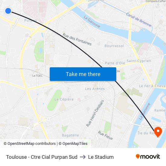 Toulouse - Ctre Cial Purpan Sud to Le Stadium map