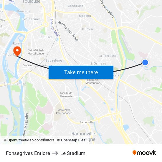 Fonsegrives Entiore to Le Stadium map