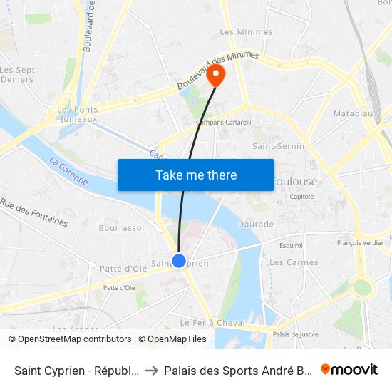 Saint Cyprien - République to Palais des Sports André Brouat map