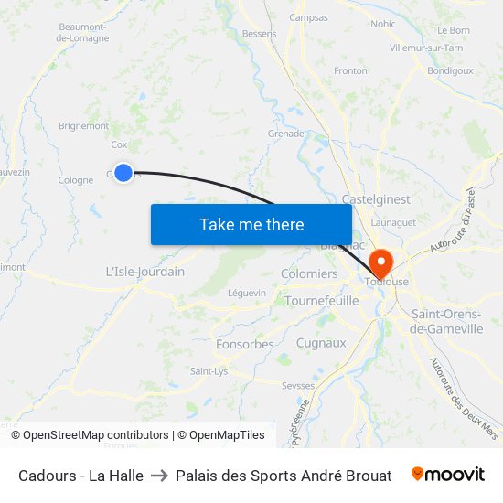 Cadours - La Halle to Palais des Sports André Brouat map