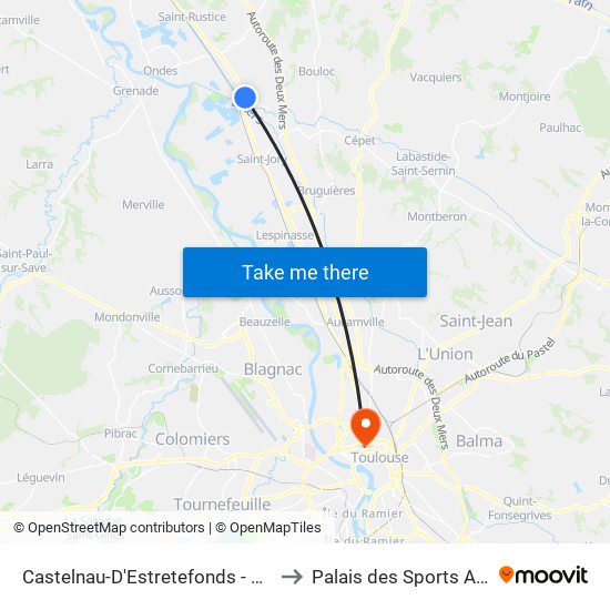 Castelnau-D'Estretefonds - Eurocentre Nord to Palais des Sports André Brouat map
