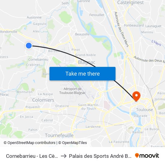 Cornebarrieu - Les Cèdres to Palais des Sports André Brouat map