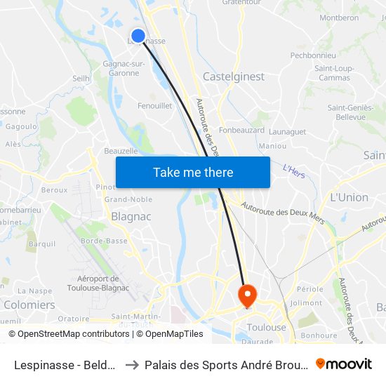 Lespinasse - Beldou to Palais des Sports André Brouat map