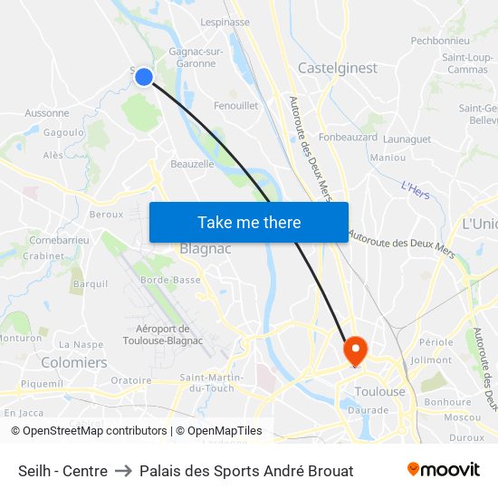 Seilh - Centre to Palais des Sports André Brouat map