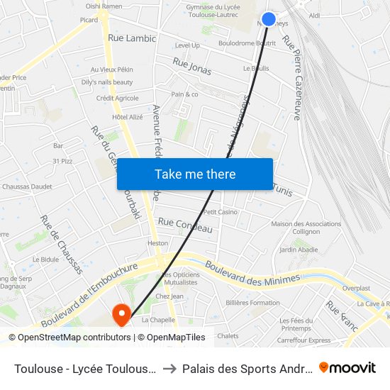 Toulouse - Lycée Toulouse Lautrec to Palais des Sports André Brouat map