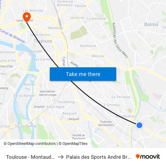 Toulouse - Montaudran to Palais des Sports André Brouat map
