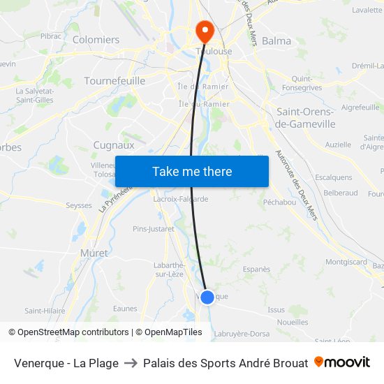 Venerque - La Plage to Palais des Sports André Brouat map