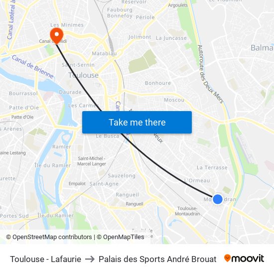 Toulouse - Lafaurie to Palais des Sports André Brouat map