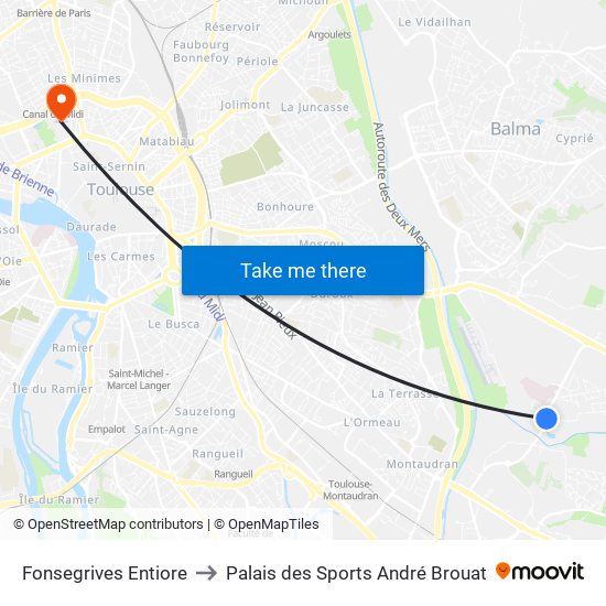 Fonsegrives Entiore to Palais des Sports André Brouat map