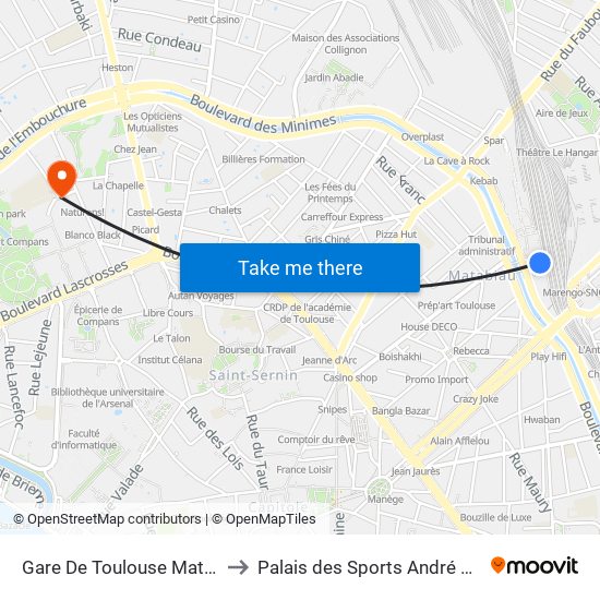 Gare De Toulouse Matabiau to Palais des Sports André Brouat map